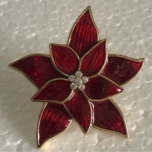 2” Candy Apple Red Poinsettia & Rhinestone Christmas Brooch Pin Gold Tone